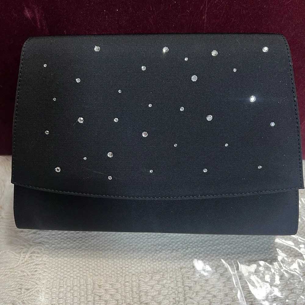 J Renee Handbag Crossbody Clutch Black Fabric clear, rhinestones, New w/ Tag‎